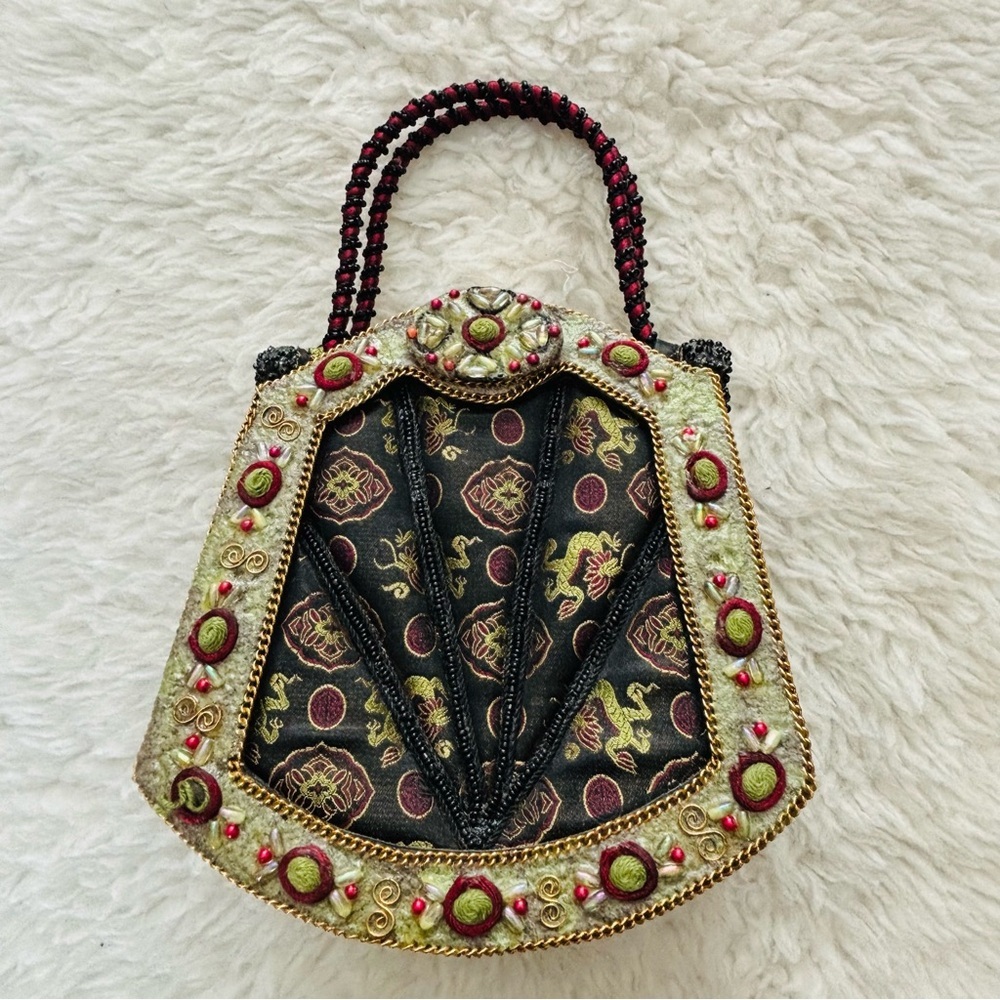 Elegant Vintage Multicolor Beaded/Black Fabric Small Handbag
